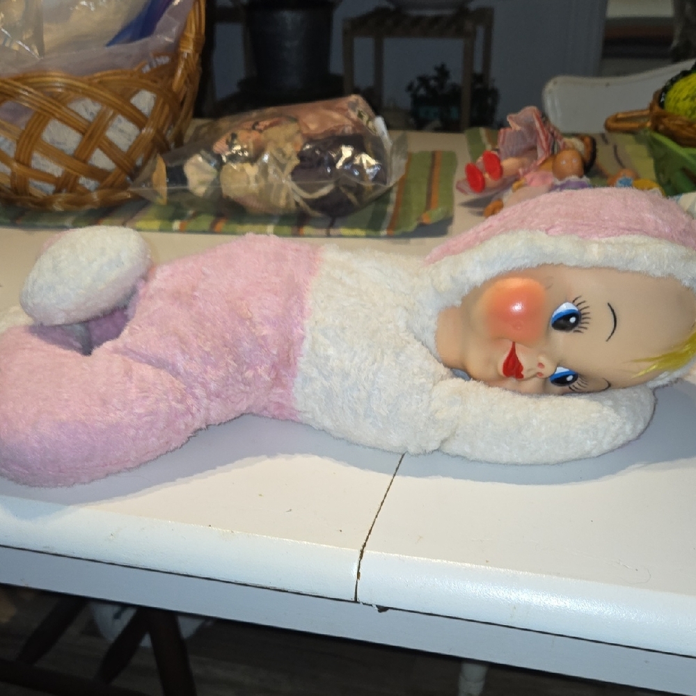 Vintage Adorable Pink and White Plush Doll
